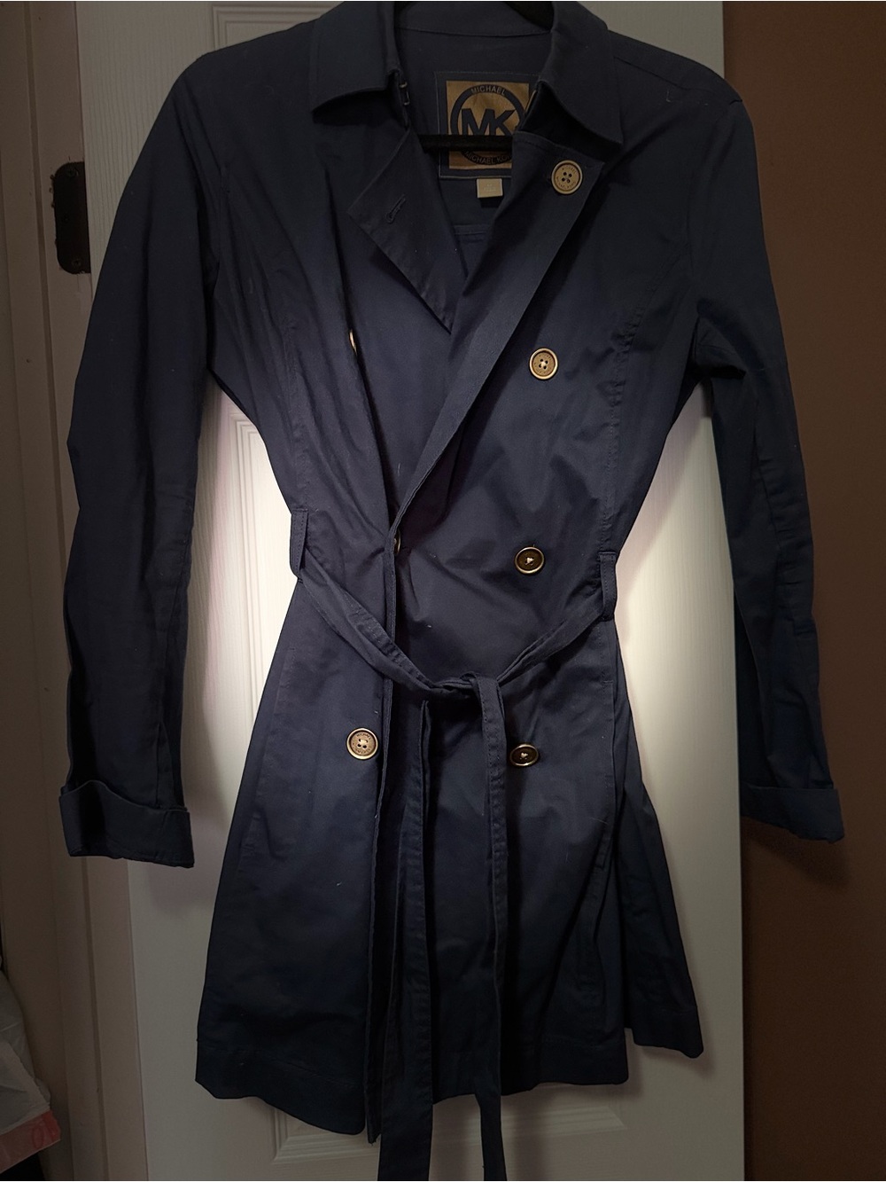 Michael Kors Navy Double-Breasted Trench Coat with Tie Belt